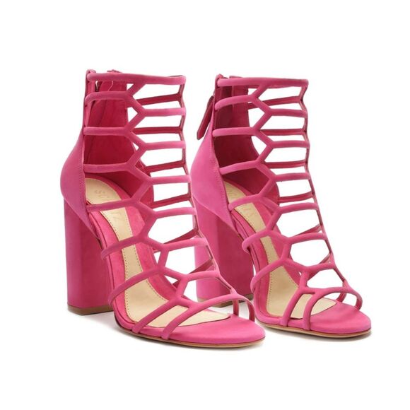 Schutz Women’s 9.5 JULIANNA BLOCK NUBUCK SANDAL Hot Pink Heels - Picture 1 of 11